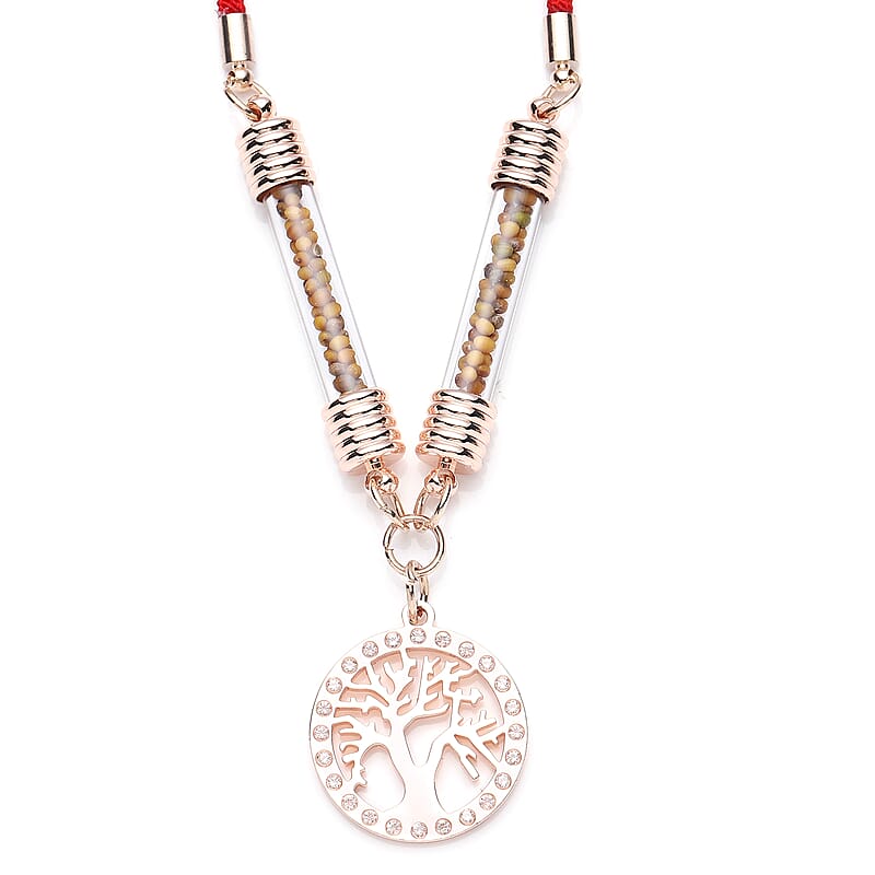 Simulated Diamond Tree of Life Milan Rope Necklace 28 Inches with Glass Tube in Rosetone and ION Plated Rose Gold Stainless Steel 5.00 ctw