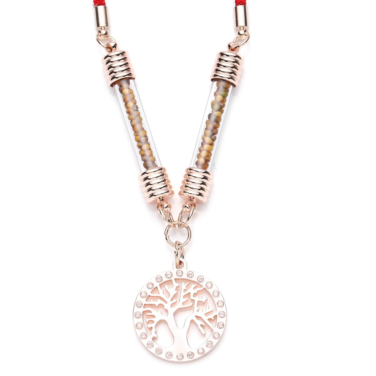 Simulated Diamond Tree of Life Milan Rope Necklace 28 Inches with Glass Tube in Rosetone and ION Plated Rose Gold Stainless Steel 5.00 ctw image number 0