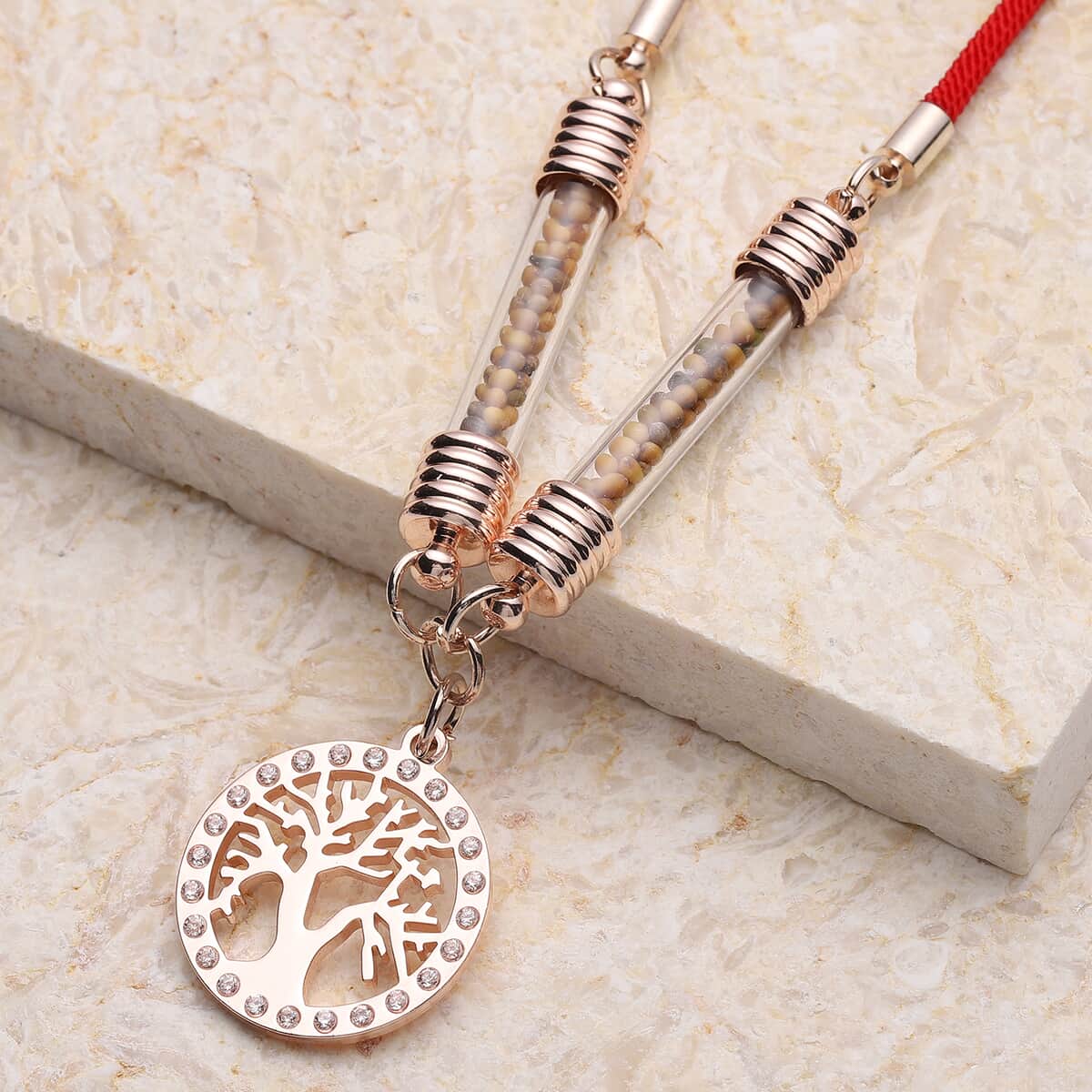 Simulated Diamond Tree of Life Milan Rope Necklace 28 Inches with Glass Tube in Rosetone and ION Plated Rose Gold Stainless Steel 5.00 ctw image number 1