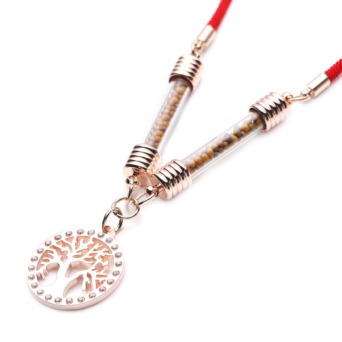 Simulated Diamond Tree of Life Milan Rope Necklace 28 Inches with Glass Tube in Rosetone and ION Plated Rose Gold Stainless Steel 5.00 ctw image number 2