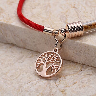 Tree of Life Milan Rope Bracelet with Glass Tube in Rosetone and ION Plated Rose Gold Stainless Steel (7.50 In)