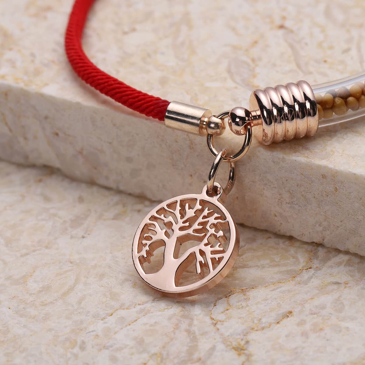 Tree of Life Milan Rope Bracelet with Glass Tube in Rosetone and ION Plated Rose Gold Stainless Steel (7.50 In) image number 1