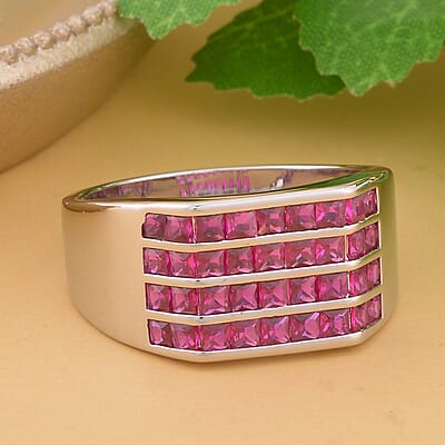 Simulated Ruby Color Diamond Men's Ring in Silvertone (Size 10.0) 2.50 ctw