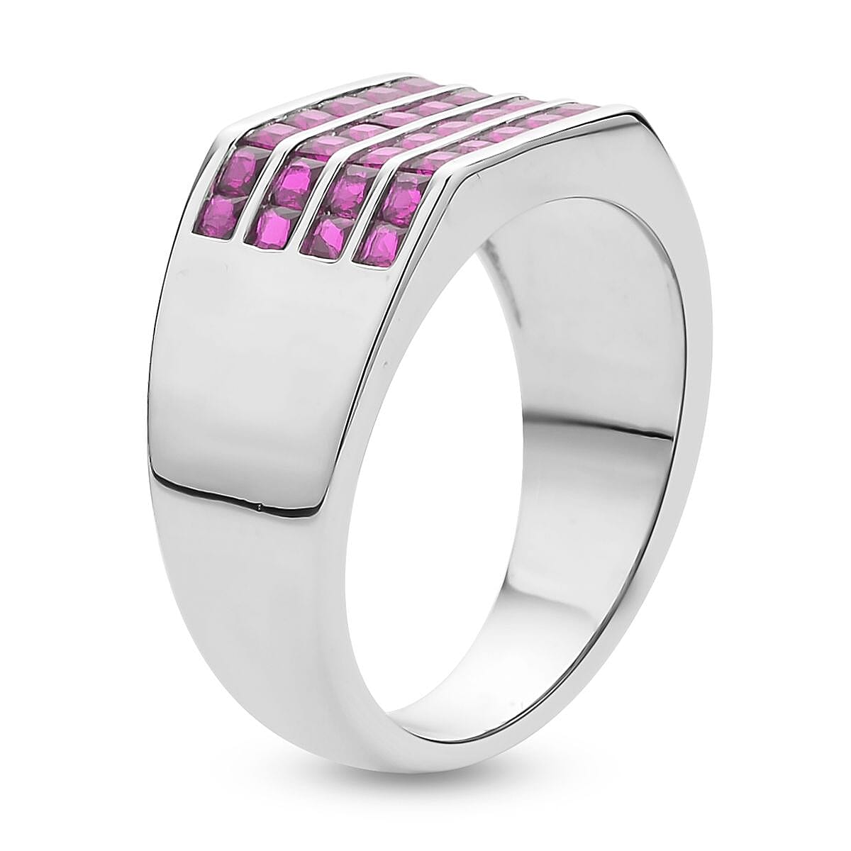 Simulated Ruby Color Diamond Men's Ring in Silvertone (Size 12.0) 2.50 ctw image number 3