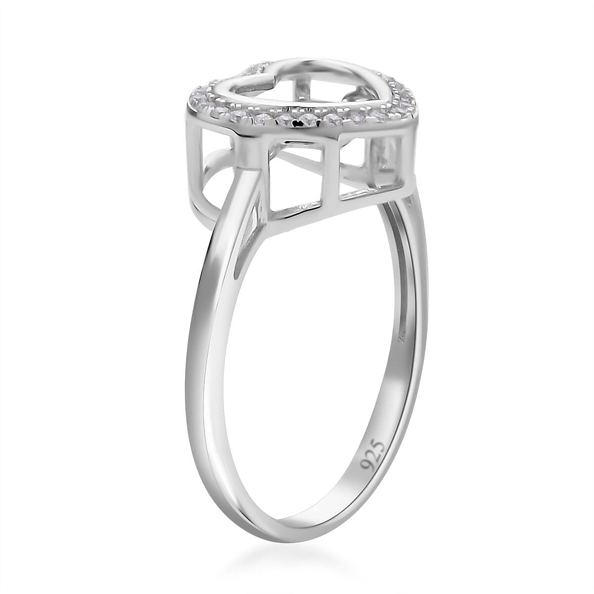 Simulated Diamond Heart Shape Dancing Ring in Rhodium Over Sterling Silver (Size 10.0) 1.00 ctw