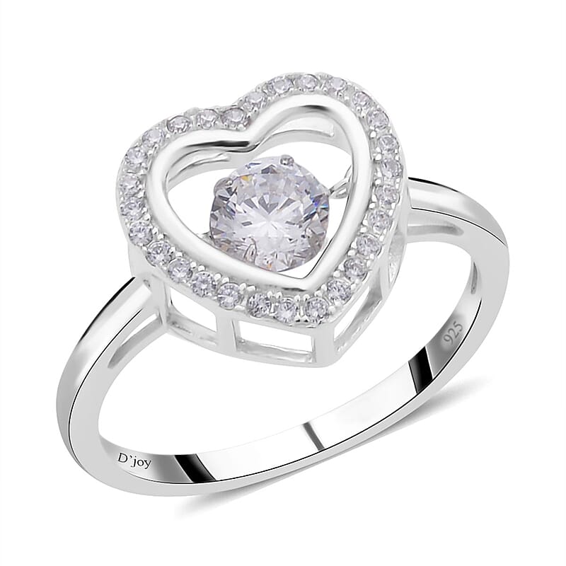 Simulated Diamond Heart Shape Dancing Ring in Rhodium Over Sterling Silver (Size 5.0) 1.00 ctw
