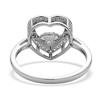 Simulated Diamond Heart Shape Dancing Ring in Rhodium Over Sterling Silver (Size 5.0) 1.00 ctw