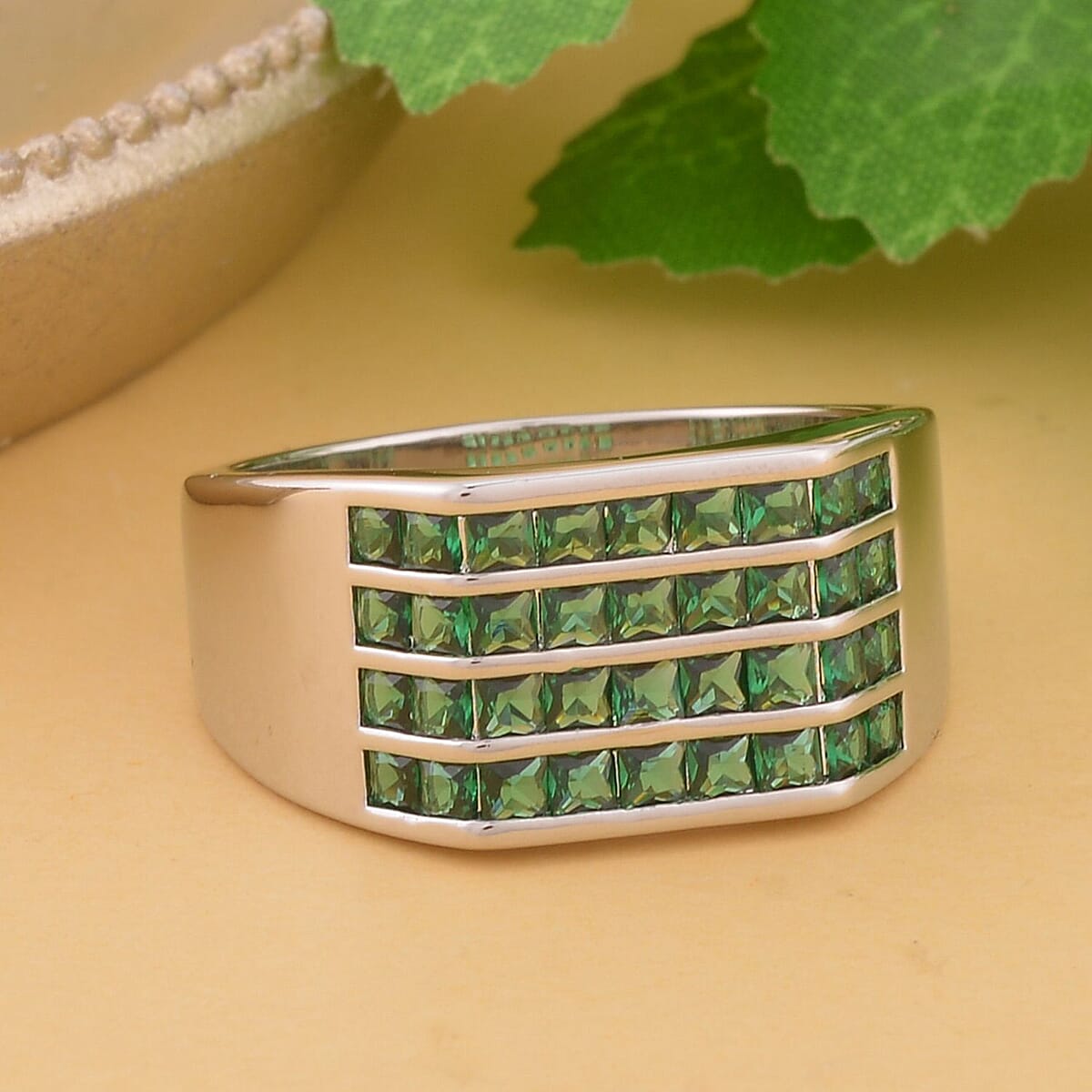 Simulated Green Diamond Men's Ring in Silvertone (Size 9.0) 2.50 ctw image number 1