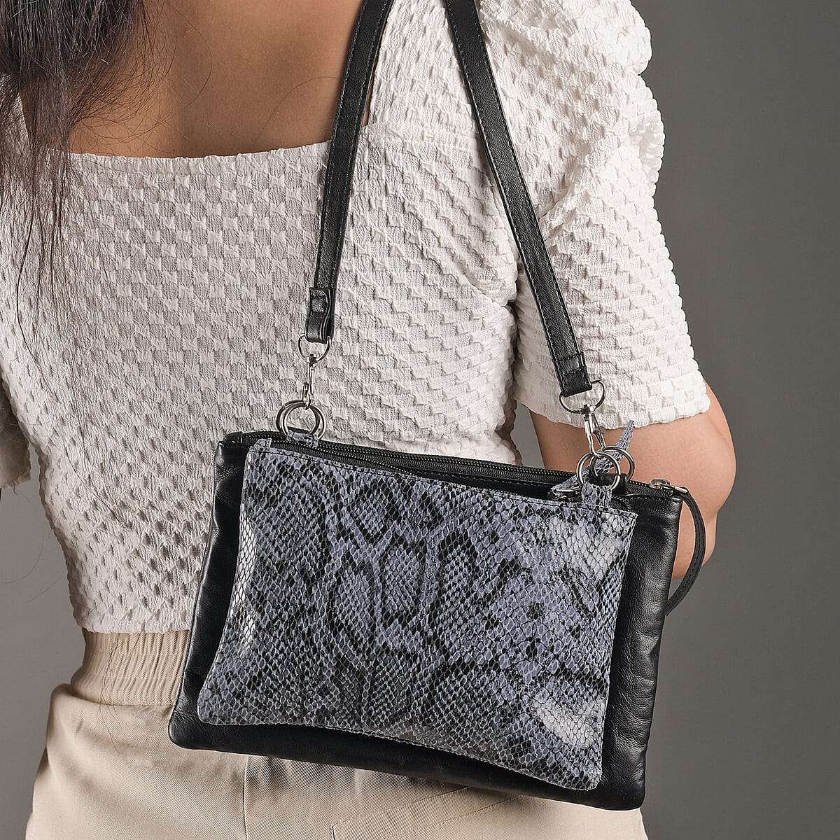 Gray Genuine Leather Snake Foil Pattern Crossbody Bag image number 1