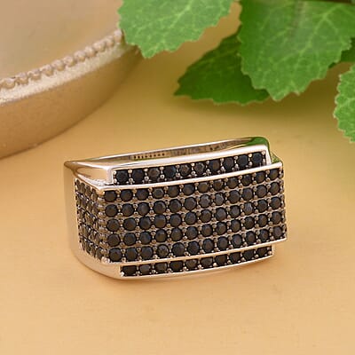 Simulated Black Diamond Men's Ring in Rhodium & Silvertone (Size 10.0) 3.00 ctw