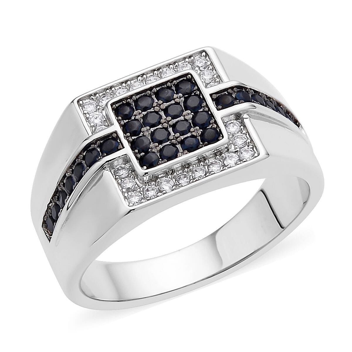Simulated Black and White Diamond Men's Ring in Silvertone (Size 10.0) 0.70 ctw