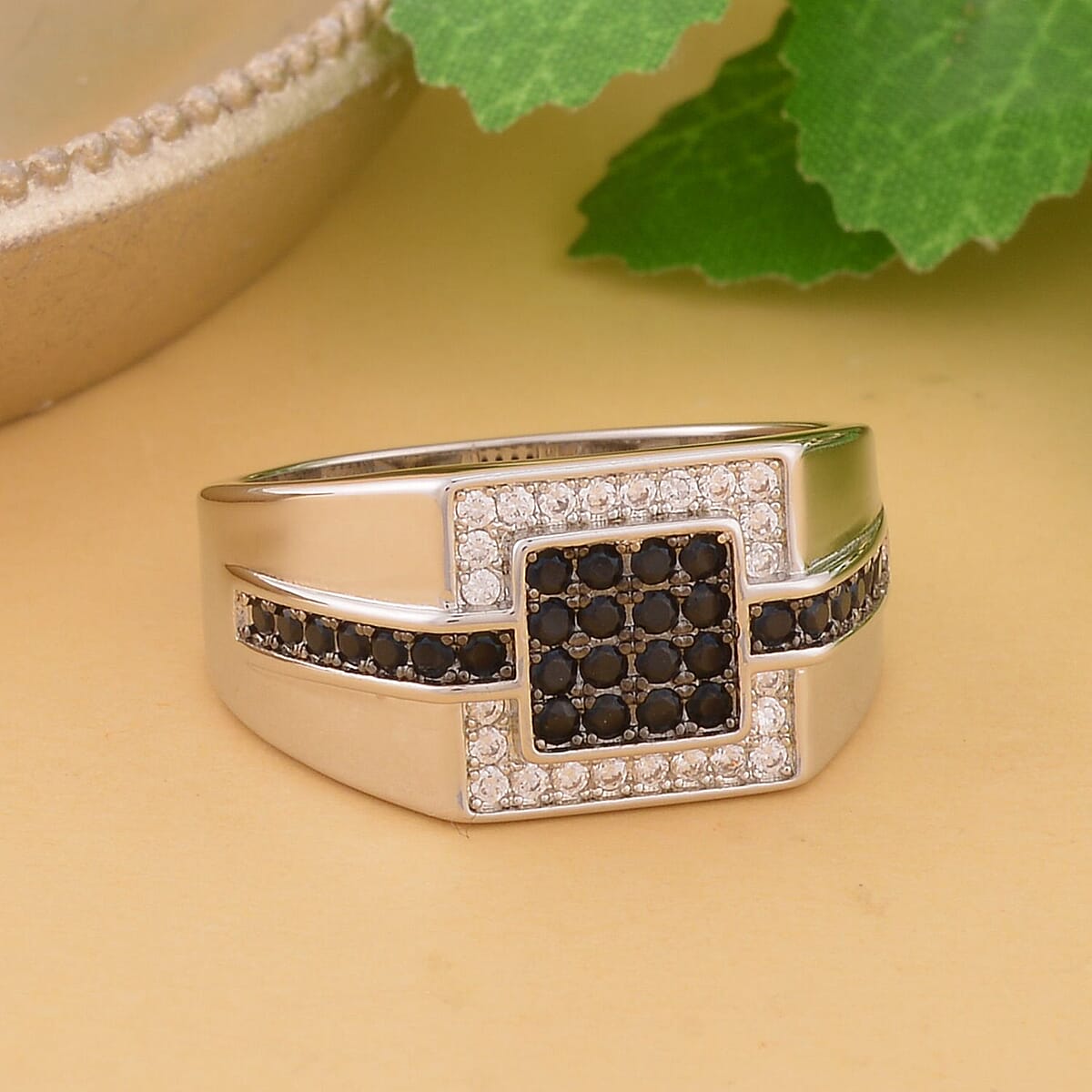 Simulated Black and White Diamond Men's Ring in Silvertone 0.70 ctw image number 1