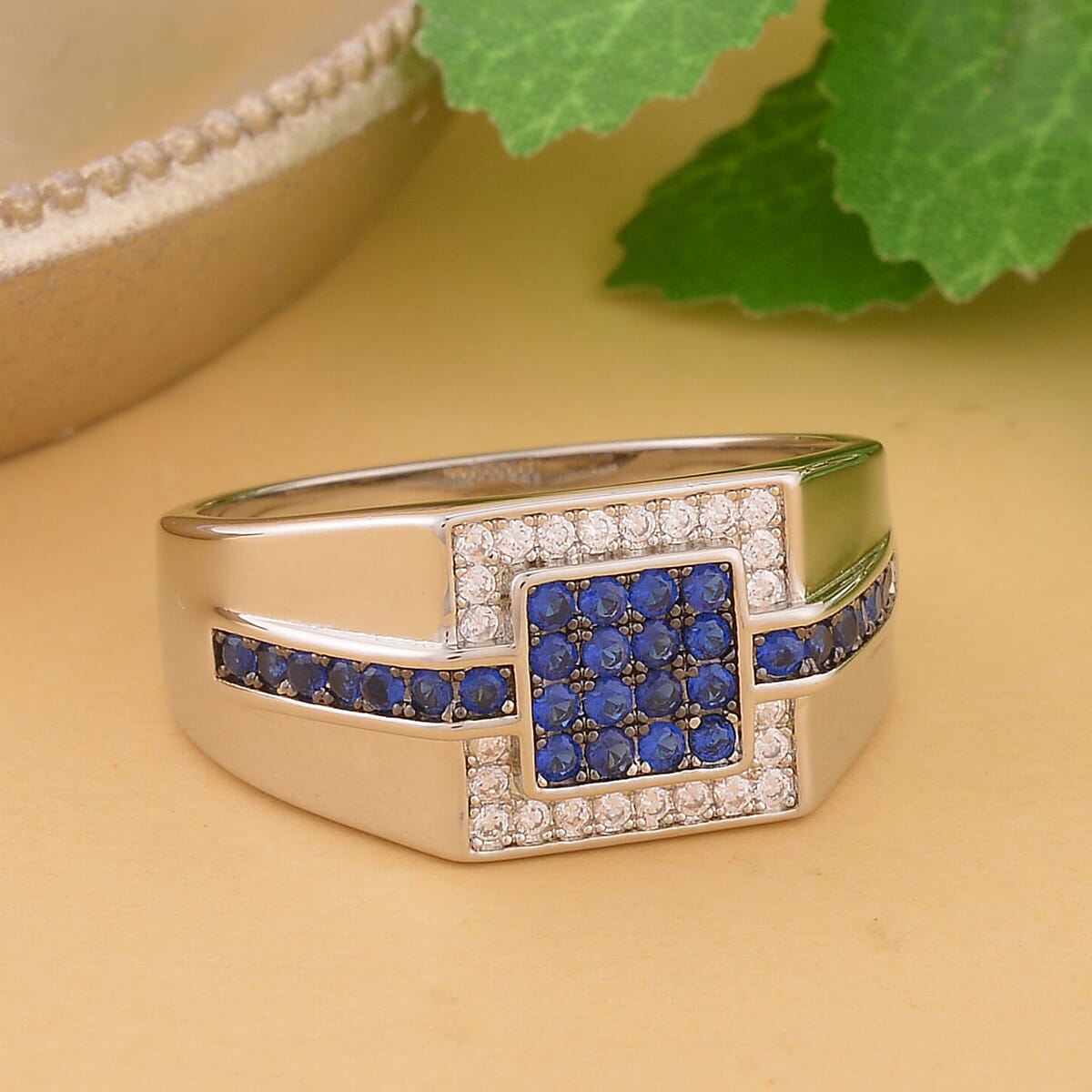 Simulated Blue and White Diamond Men's Ring in Silvertone (Size 14.0) 0.70 ctw image number 1