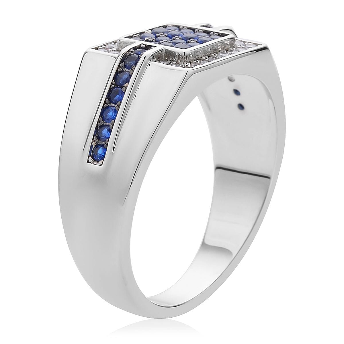 Simulated Blue and White Diamond Men's Ring in Silvertone (Size 14.0) 0.70 ctw image number 3