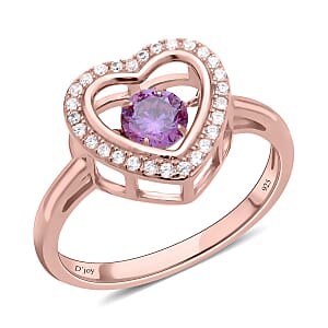 Simulated Purple and White Diamond Heart Shape Dancing Ring in 14K Rose Gold Over Sterling Silver (Size 8.0) 1.00 ctw