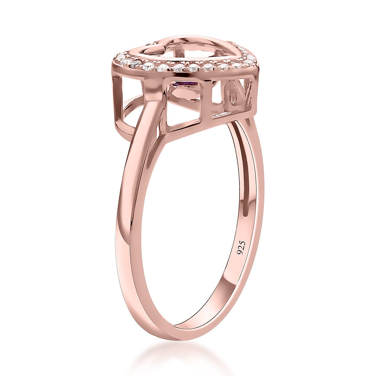 Simulated Purple and White Diamond Heart Shape Dancing Ring in 14K Rose Gold Over Sterling Silver (Size 8.0) 1.00 ctw image number 3