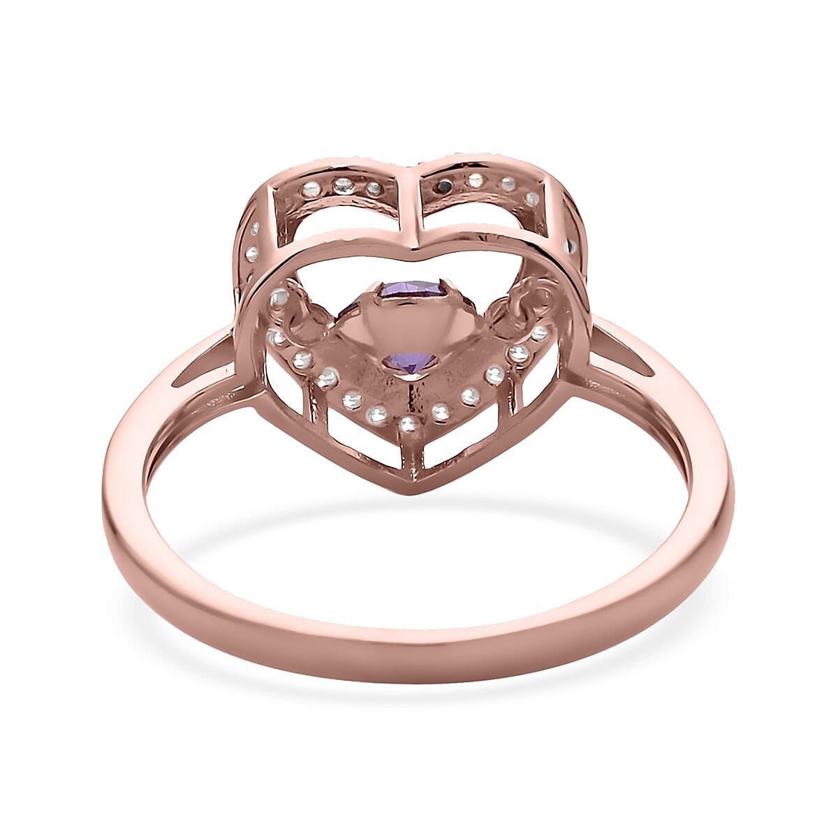 Simulated Purple and White Diamond Heart Shape Dancing Ring in 14K Rose Gold Over Sterling Silver (Size 8.0) 1.00 ctw image number 4