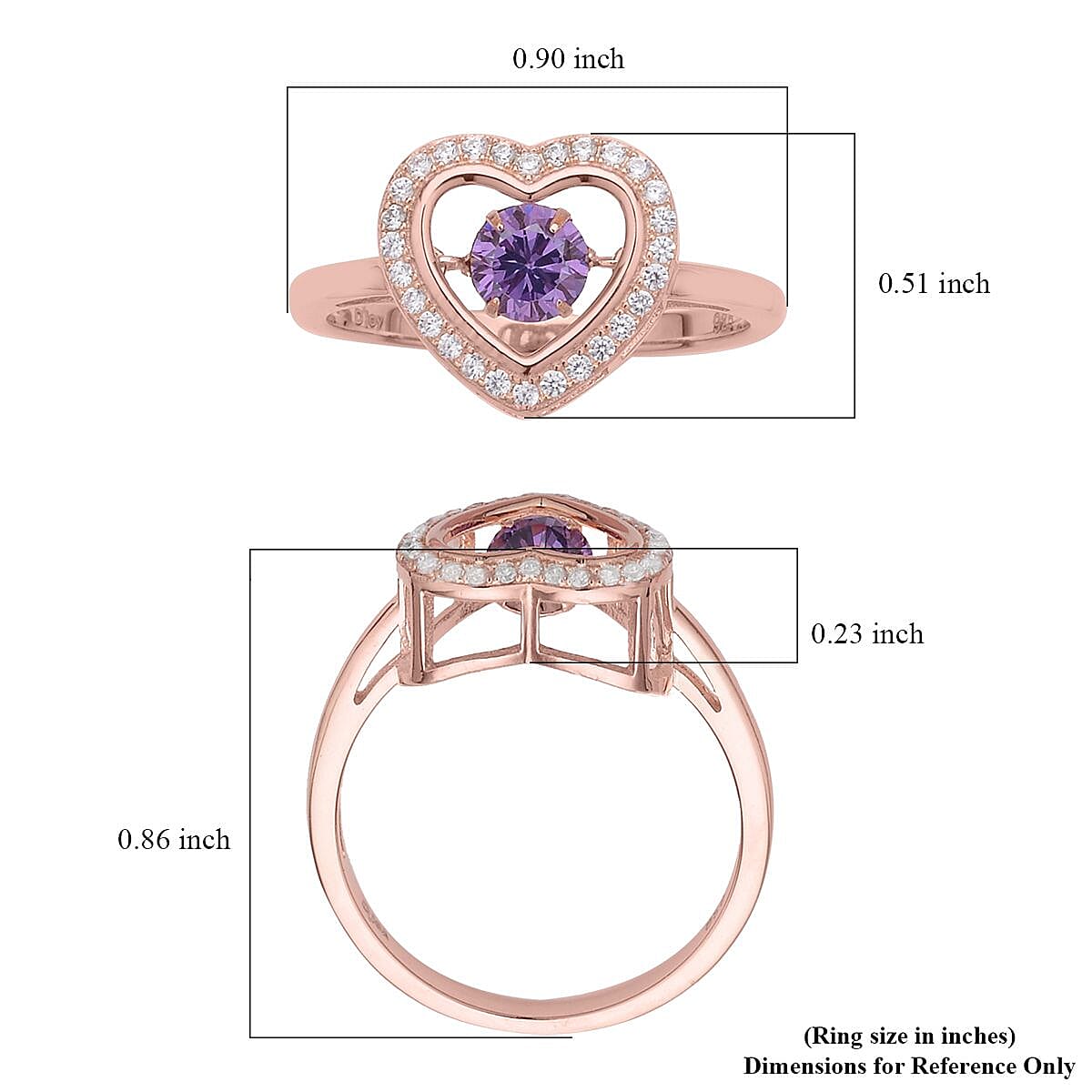 Simulated Purple and White Diamond Heart Shape Dancing Ring in 14K Rose Gold Over Sterling Silver (Size 8.0) 1.00 ctw image number 5