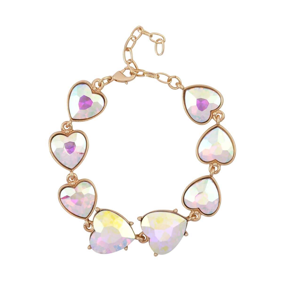 White Mystic Color Glass Heart Bracelet in Goldtone (7.50-9.50In) image number 0