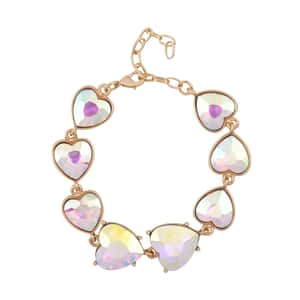 White Mystic Color Glass Heart Bracelet in Goldtone (7.50-9.50In)