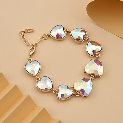 White Mystic Color Glass Heart Bracelet in Goldtone (7.50-9.50In)