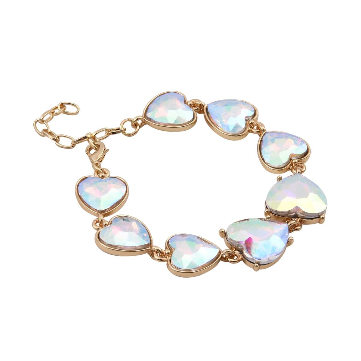 White Mystic Color Glass Heart Bracelet in Goldtone (7.50-9.50In) image number 2