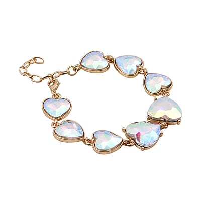 White Mystic Color Glass Heart Bracelet in Goldtone (7.50-9.50In)