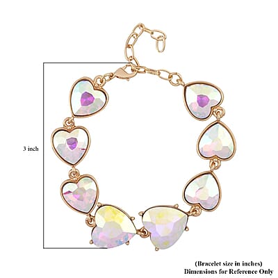 White Mystic Color Glass Heart Bracelet in Goldtone (7.50-9.50In)