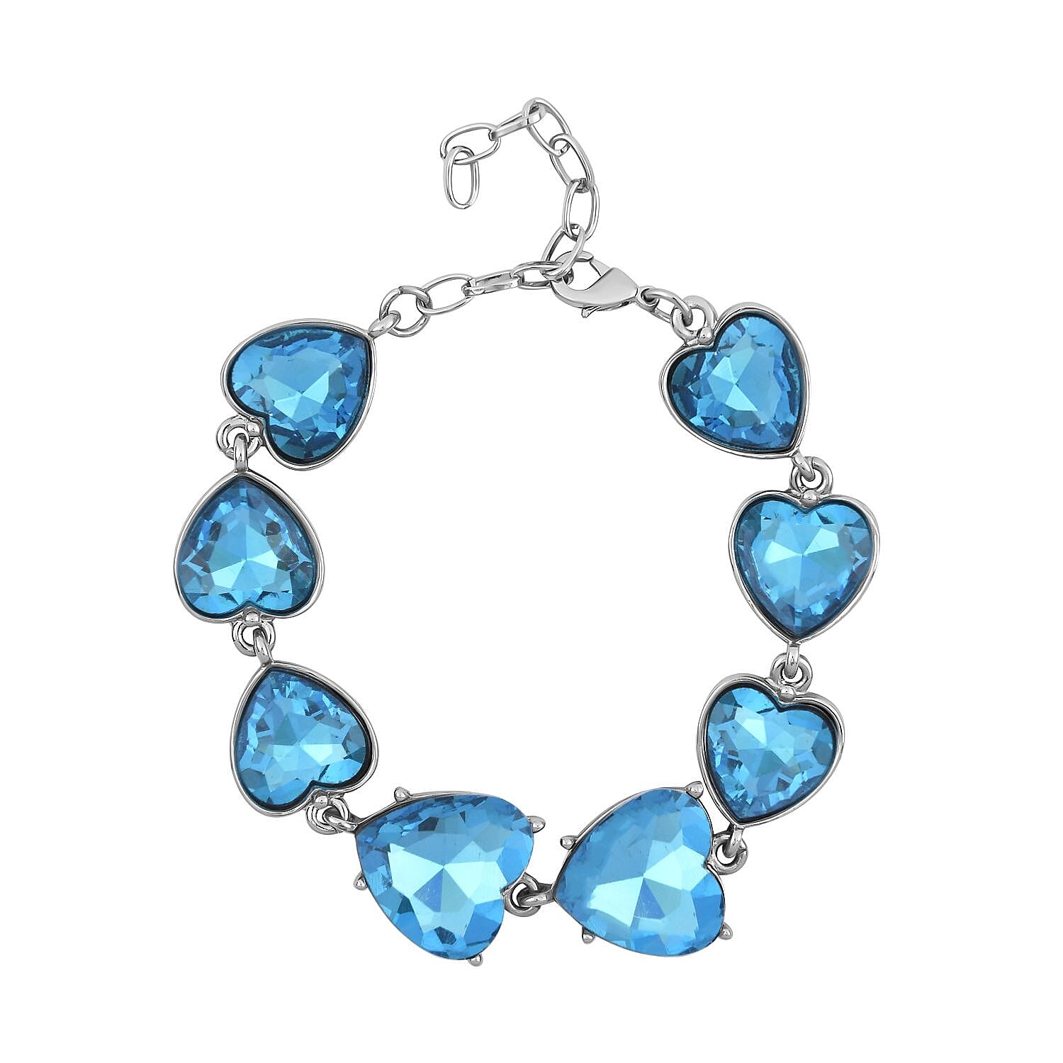 Aqua Blue Color Glass Heart Bracelet in Silvertone (7.50-9.50In)