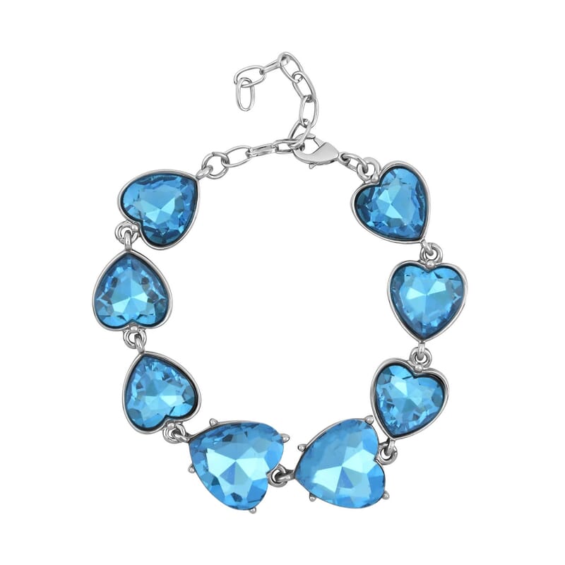 Aqua Blue Color Glass Heart Bracelet in Silvertone (7.50-9.50In)