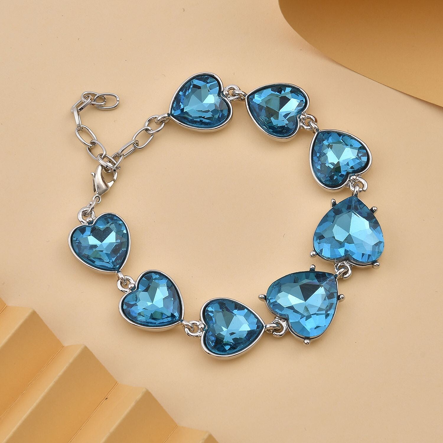 Aqua Blue Color Glass Heart Bracelet in Silvertone (7.50-9.50In)