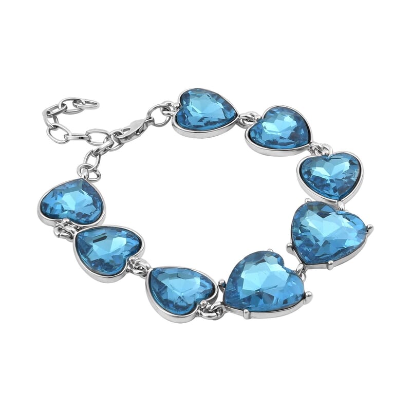 Aqua Blue Color Glass Heart Bracelet in Silvertone (7.50-9.50In)