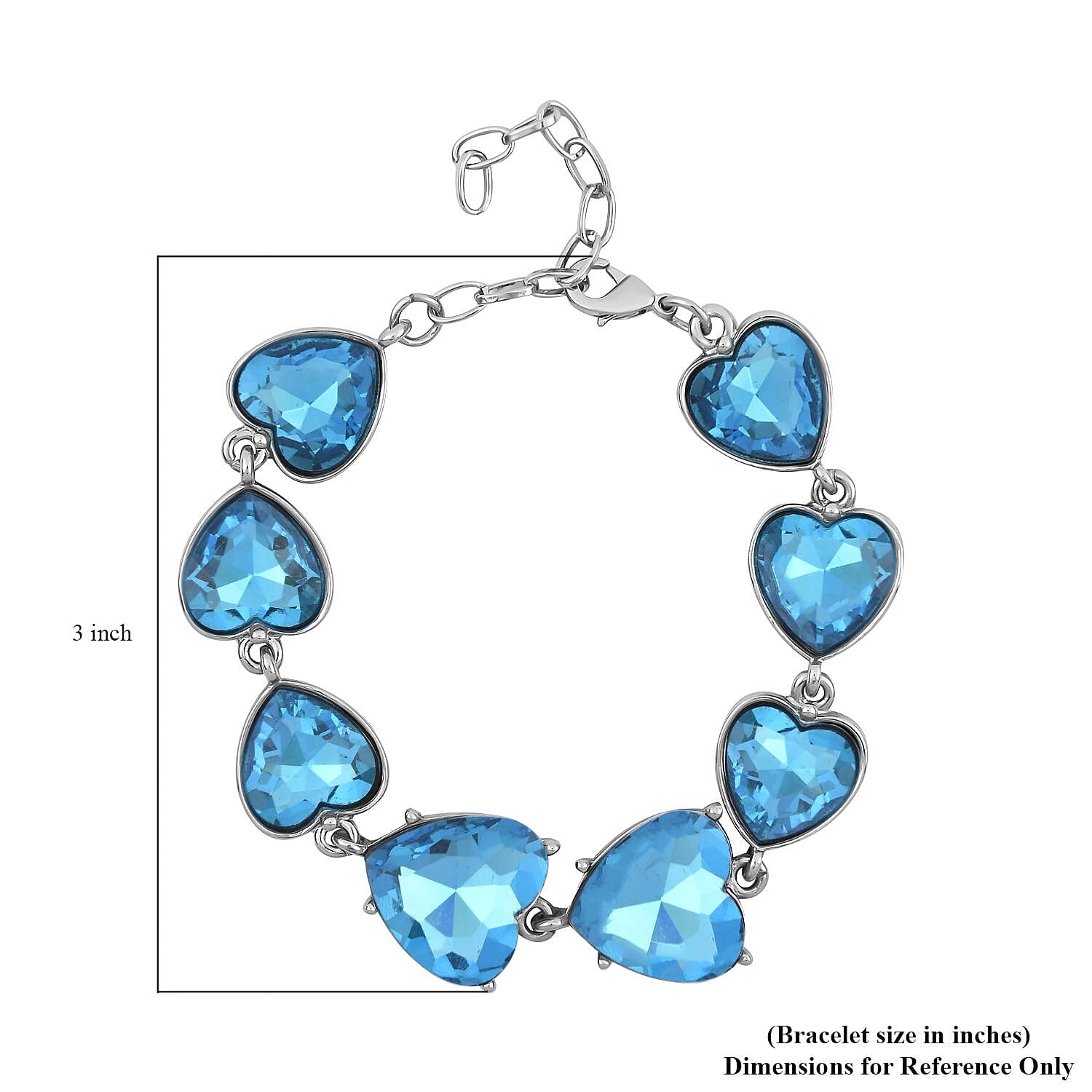 Aqua Blue Color Glass Heart Bracelet in Silvertone (7.50-9.50In)