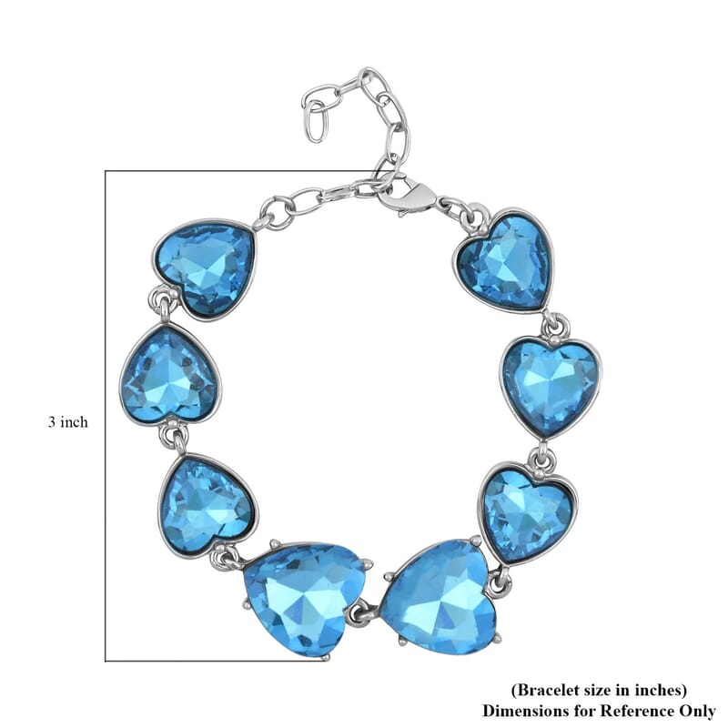 Aqua Blue Color Glass Heart Bracelet in Silvertone (7.50-9.50In)