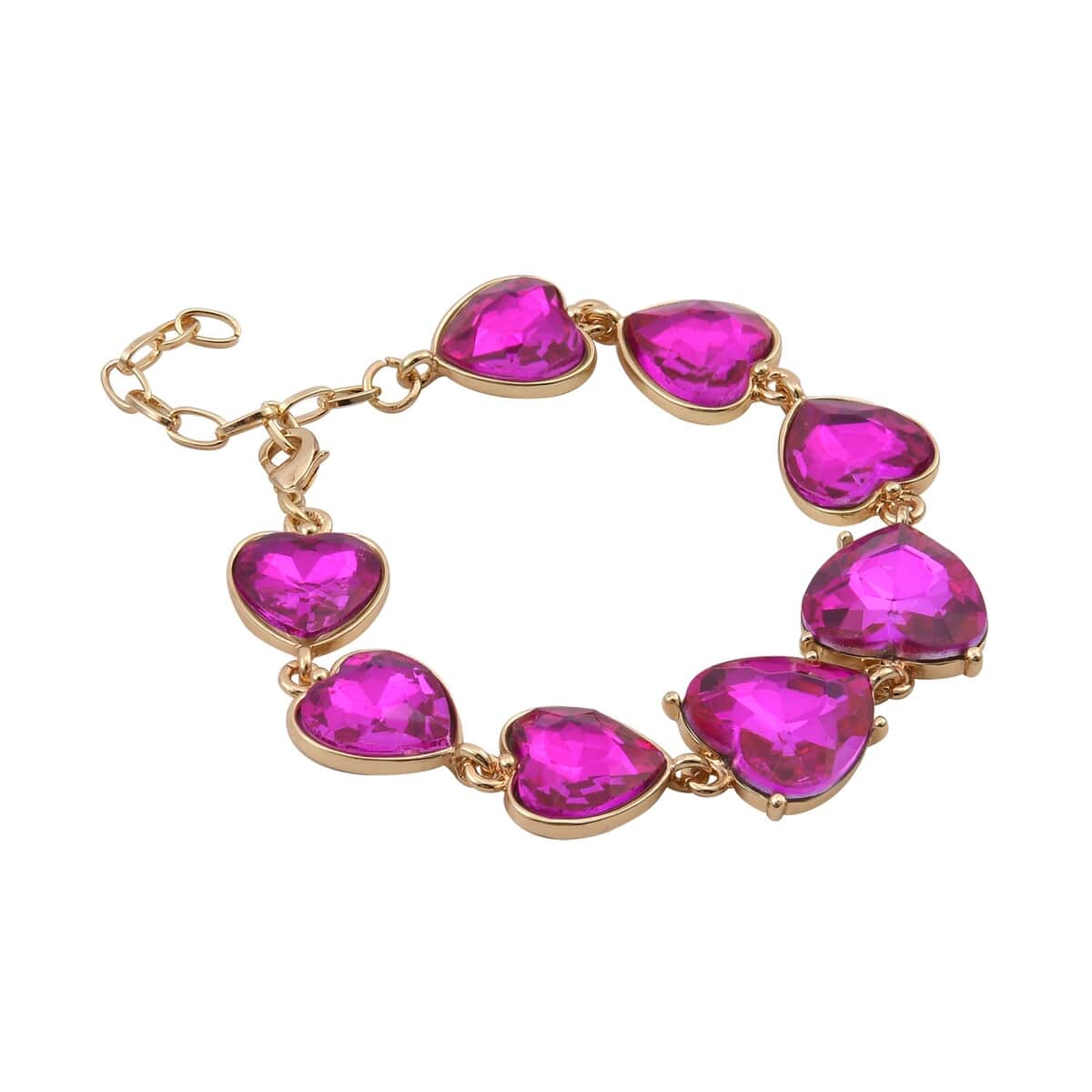 Fuchsia Color Glass Heart Bracelet in Goldtone (7.50-9.50In) image number 2