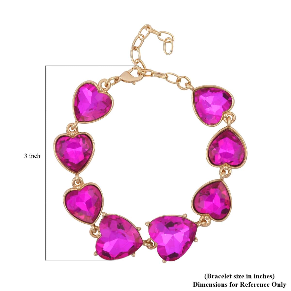 Fuchsia Color Glass Heart Bracelet in Goldtone (7.50-9.50In) image number 3