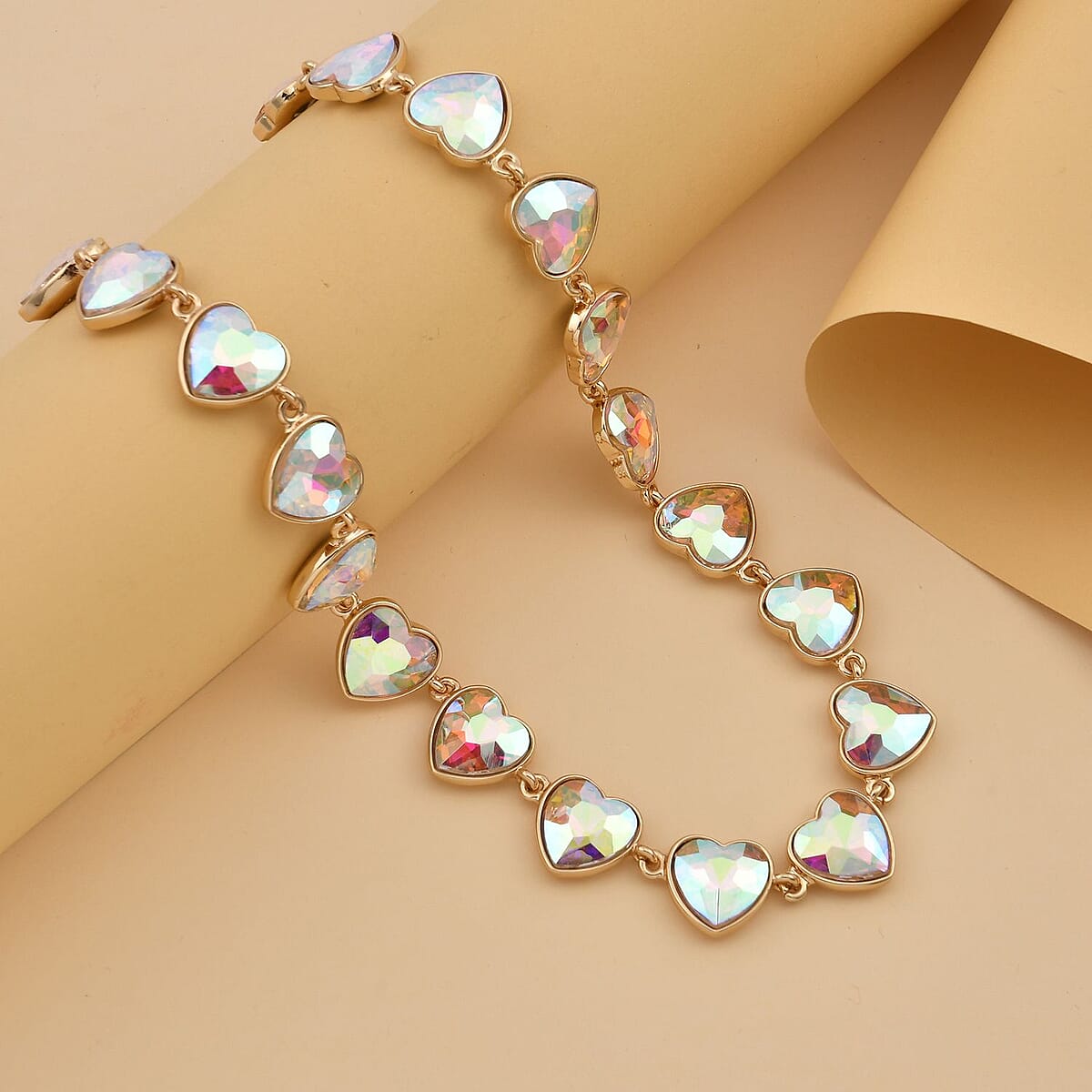 White Mystic Color Glass Heart Necklace 20-22 Inches in Goldtone image number 1