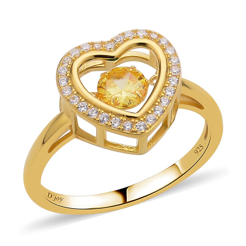 Simulated Yellow and White Diamond Heart Shape Dancing Ring in 14K Yellow Gold Over Sterling Silver (Size 8.0) 1.00 ctw
