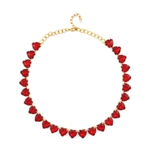 Red Color Glass Heart Necklace 20-22 Inches in Goldtone