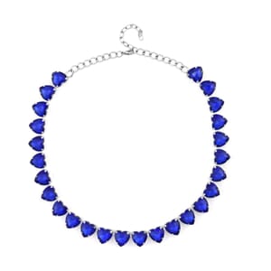 Sapphire Blue Color Glass Heart Necklace 20-22 Inches in Silvertone