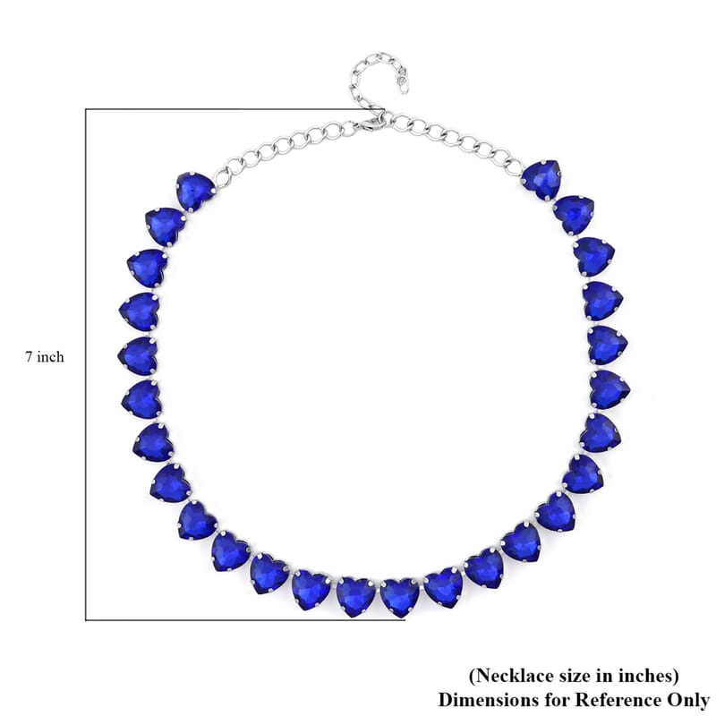 Sapphire Blue Color Glass Heart Necklace 20-22 Inches in Silvertone