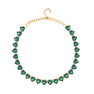 Green Glass Heart Necklace 20-22 Inches in Goldtone