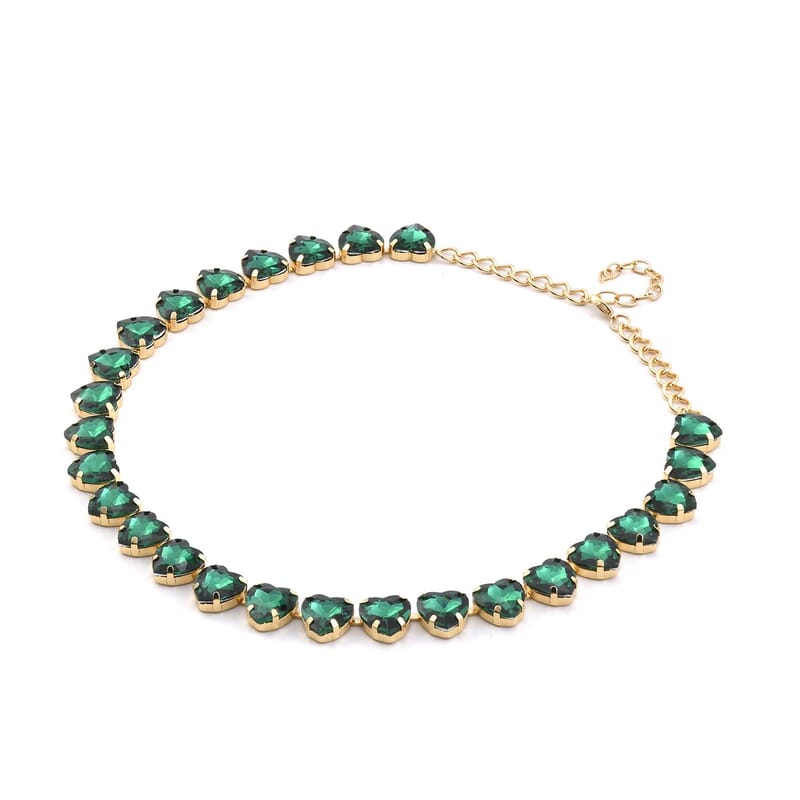 Green Glass Heart Necklace 20-22 Inches in Goldtone