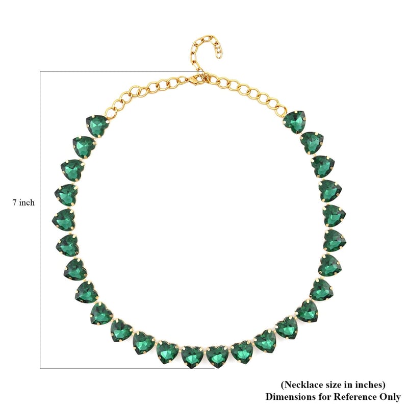 Green Glass Heart Necklace 20-22 Inches in Goldtone