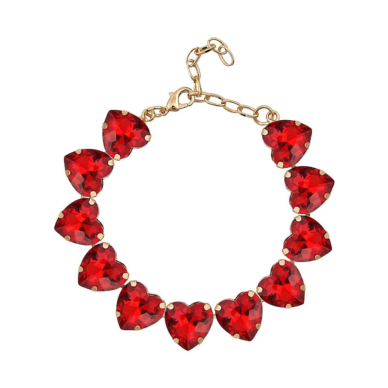 Red Glass Heart Bracelet in Goldtone (7.50-9.50In)