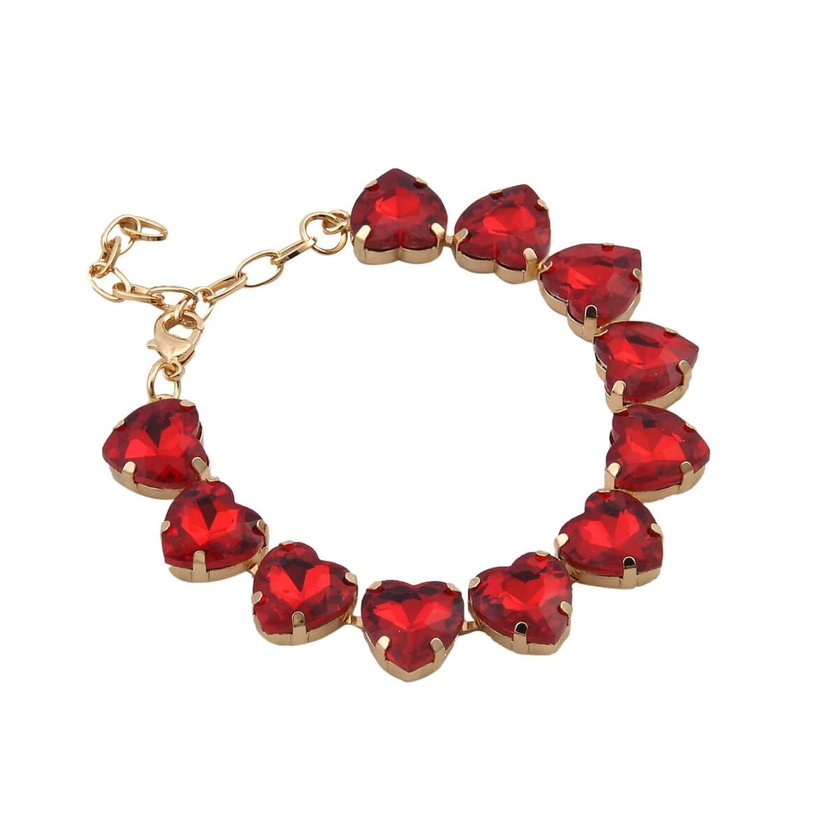 Red Glass Heart Bracelet in Goldtone (7.50-9.50In) image number 2