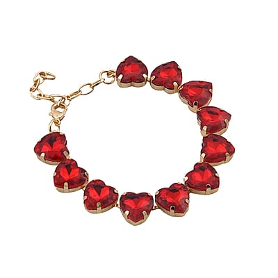 Red Glass Heart Bracelet in Goldtone (7.50-9.50In)