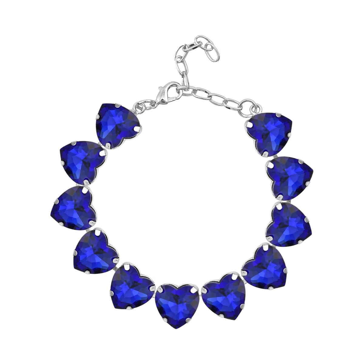 Sapphire Blue Color Glass Heart Bracelet in Silvertone (7.50-9.50In) image number 0