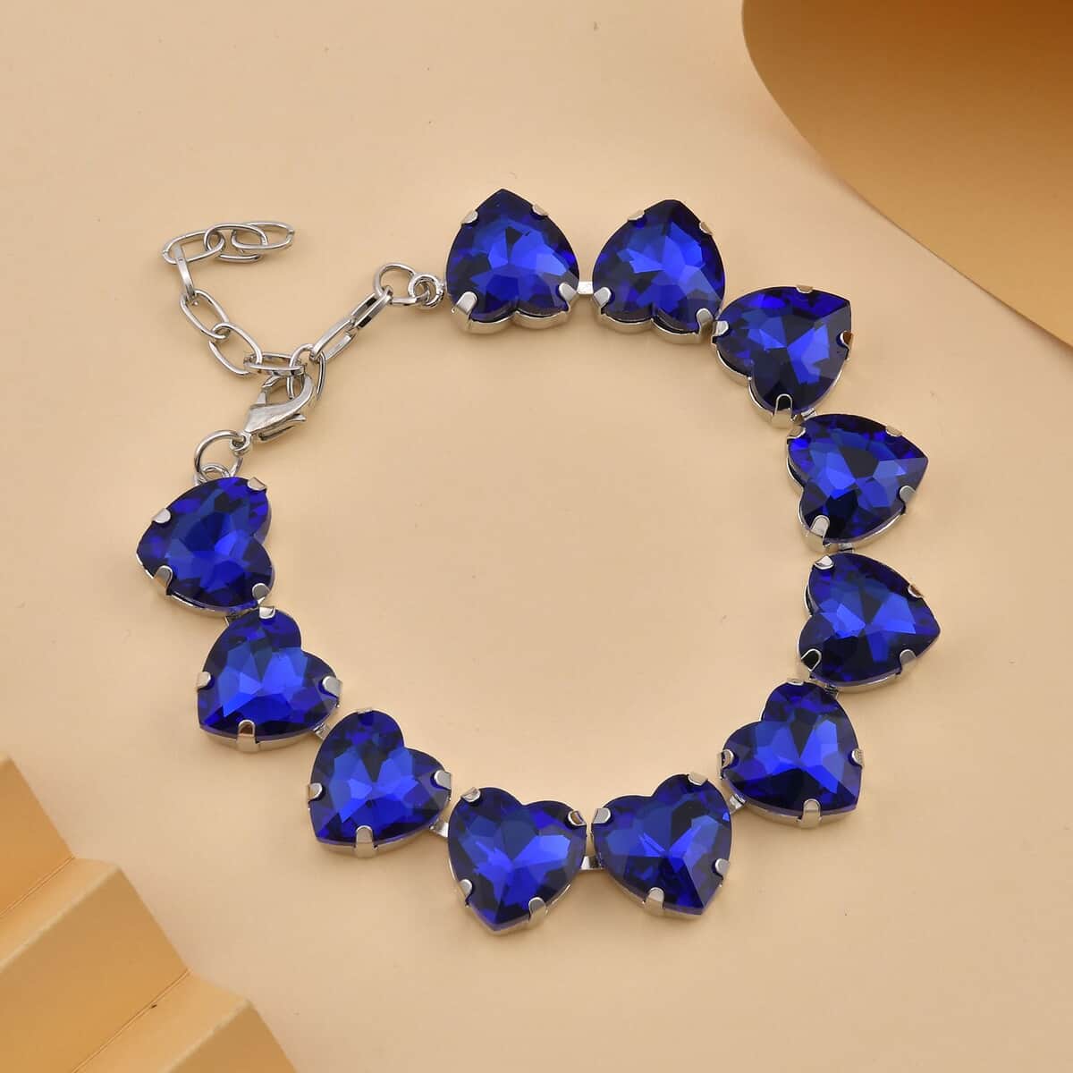 Sapphire Blue Color Glass Heart Bracelet in Silvertone (7.50-9.50In) image number 1