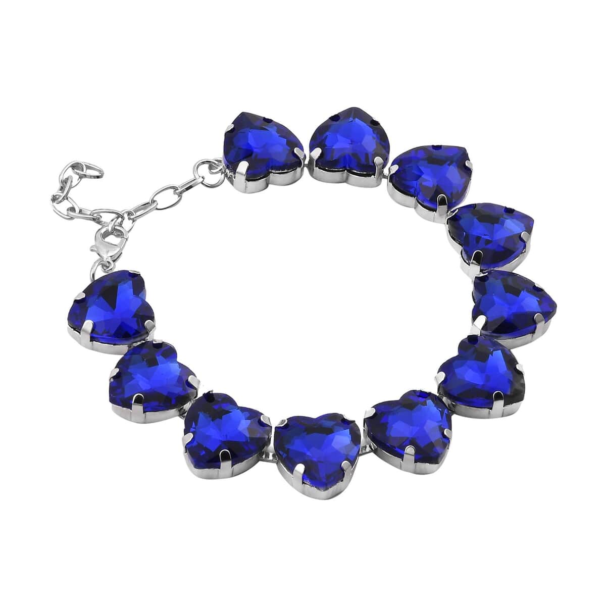 Sapphire Blue Color Glass Heart Bracelet in Silvertone (7.50-9.50In) image number 2